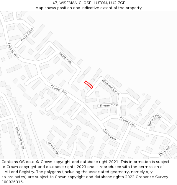 47, WISEMAN CLOSE, LUTON, LU2 7GE: Location map and indicative extent of plot
