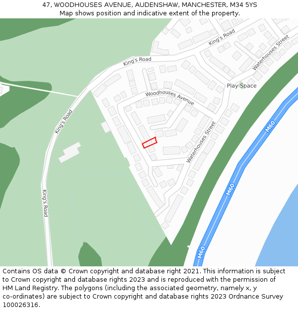 47, WOODHOUSES AVENUE, AUDENSHAW, MANCHESTER, M34 5YS: Location map and indicative extent of plot