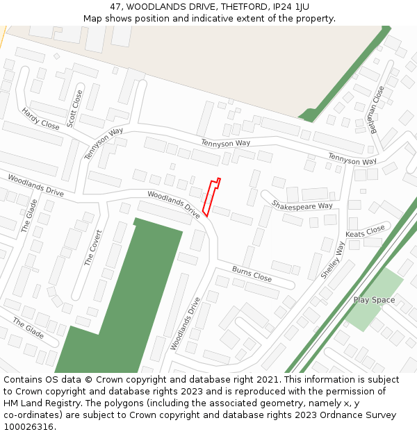 47, WOODLANDS DRIVE, THETFORD, IP24 1JU: Location map and indicative extent of plot