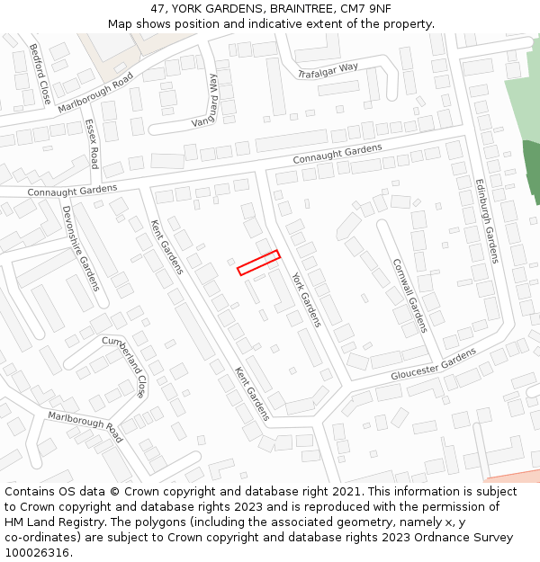 47, YORK GARDENS, BRAINTREE, CM7 9NF: Location map and indicative extent of plot