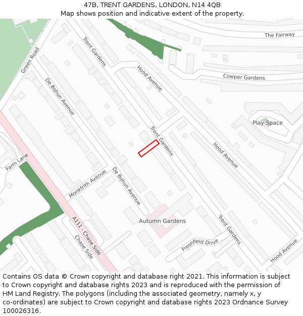 47B, TRENT GARDENS, LONDON, N14 4QB: Location map and indicative extent of plot