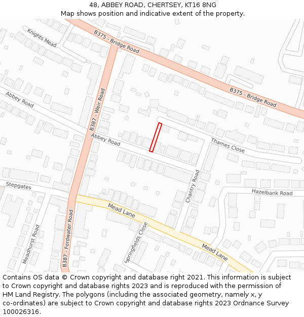 48, ABBEY ROAD, CHERTSEY, KT16 8NG: Location map and indicative extent of plot