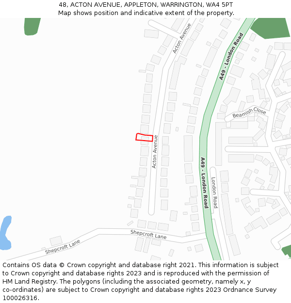 48, ACTON AVENUE, APPLETON, WARRINGTON, WA4 5PT: Location map and indicative extent of plot