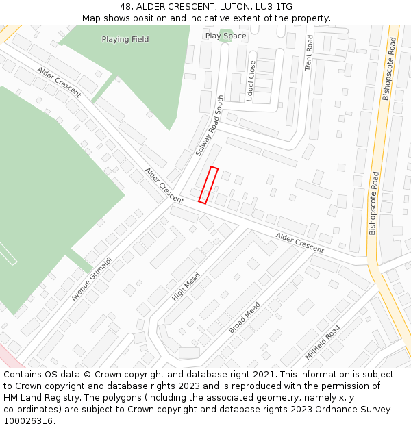 48, ALDER CRESCENT, LUTON, LU3 1TG: Location map and indicative extent of plot