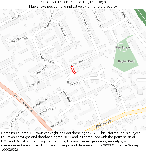48, ALEXANDER DRIVE, LOUTH, LN11 8QG: Location map and indicative extent of plot