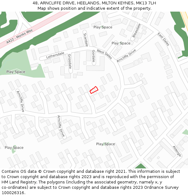 48, ARNCLIFFE DRIVE, HEELANDS, MILTON KEYNES, MK13 7LH: Location map and indicative extent of plot