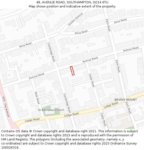 48, AVENUE ROAD, SOUTHAMPTON, SO14 6TU: Location map and indicative extent of plot