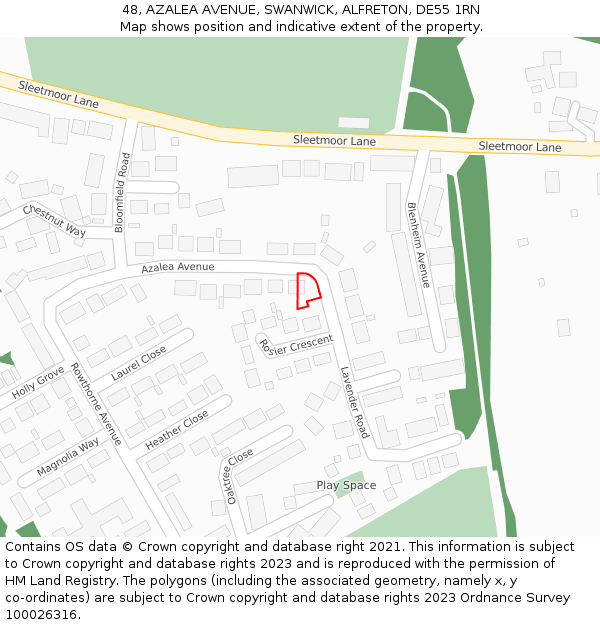 48, AZALEA AVENUE, SWANWICK, ALFRETON, DE55 1RN: Location map and indicative extent of plot