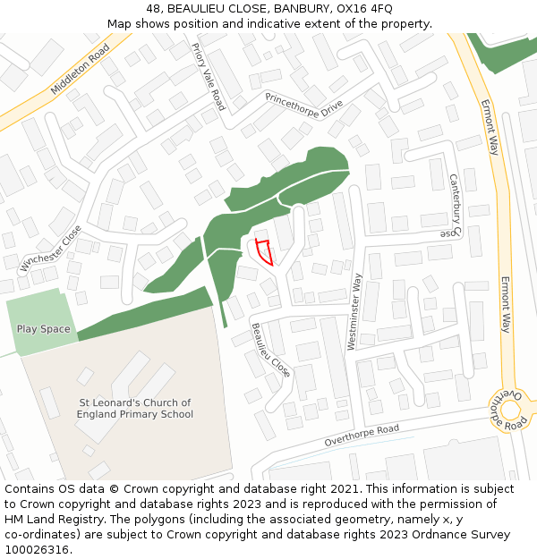 48, BEAULIEU CLOSE, BANBURY, OX16 4FQ: Location map and indicative extent of plot