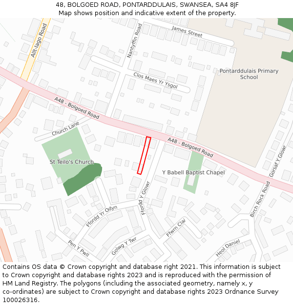 48, BOLGOED ROAD, PONTARDDULAIS, SWANSEA, SA4 8JF: Location map and indicative extent of plot