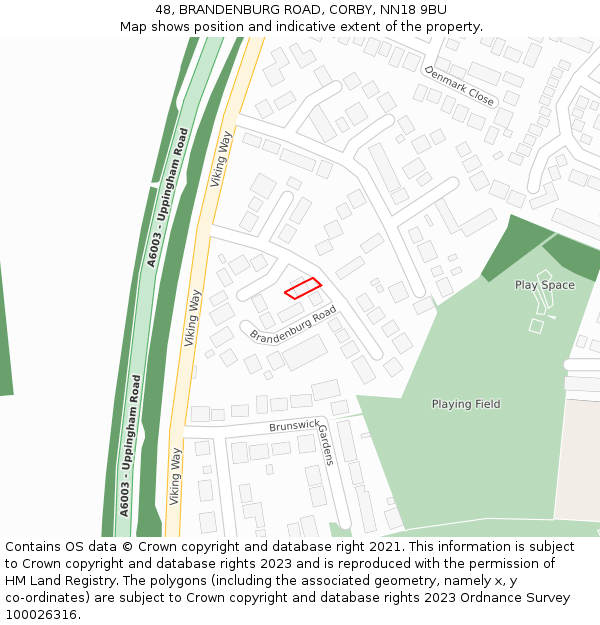 48, BRANDENBURG ROAD, CORBY, NN18 9BU: Location map and indicative extent of plot