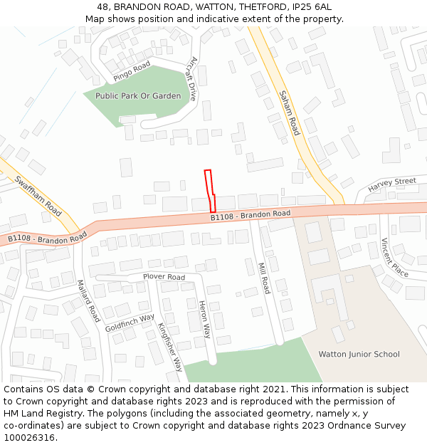 48, BRANDON ROAD, WATTON, THETFORD, IP25 6AL: Location map and indicative extent of plot