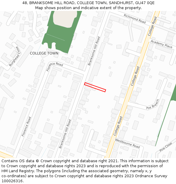 48, BRANKSOME HILL ROAD, COLLEGE TOWN, SANDHURST, GU47 0QE: Location map and indicative extent of plot