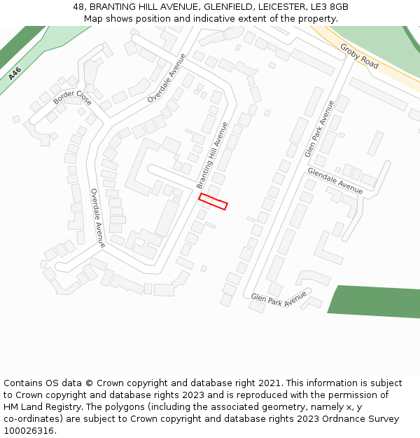 48, BRANTING HILL AVENUE, GLENFIELD, LEICESTER, LE3 8GB: Location map and indicative extent of plot