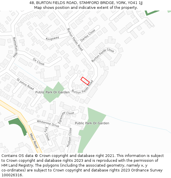 48, BURTON FIELDS ROAD, STAMFORD BRIDGE, YORK, YO41 1JJ: Location map and indicative extent of plot