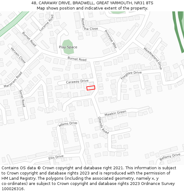 48, CARAWAY DRIVE, BRADWELL, GREAT YARMOUTH, NR31 8TS: Location map and indicative extent of plot