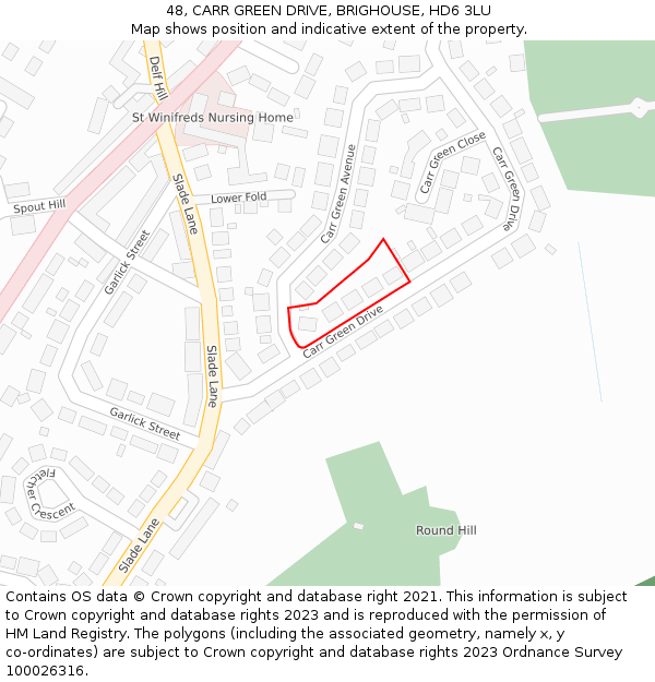 48, CARR GREEN DRIVE, BRIGHOUSE, HD6 3LU: Location map and indicative extent of plot