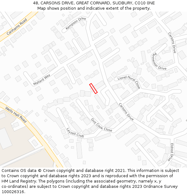 48, CARSONS DRIVE, GREAT CORNARD, SUDBURY, CO10 0NE: Location map and indicative extent of plot
