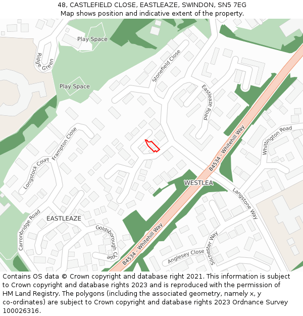 48, CASTLEFIELD CLOSE, EASTLEAZE, SWINDON, SN5 7EG: Location map and indicative extent of plot