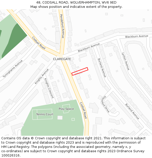 48, CODSALL ROAD, WOLVERHAMPTON, WV6 9ED: Location map and indicative extent of plot