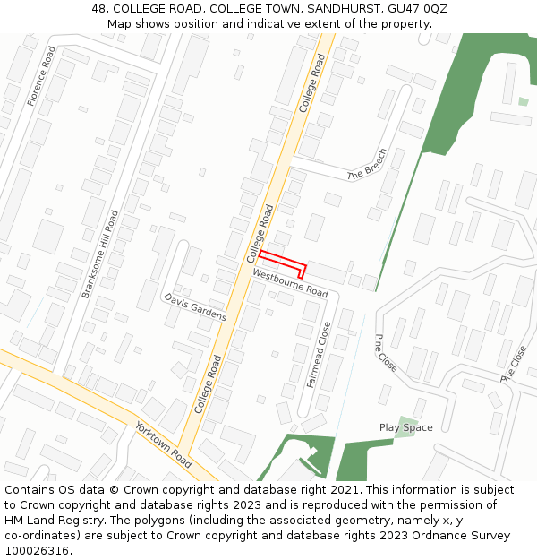 48, COLLEGE ROAD, COLLEGE TOWN, SANDHURST, GU47 0QZ: Location map and indicative extent of plot