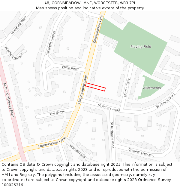 48, CORNMEADOW LANE, WORCESTER, WR3 7PL: Location map and indicative extent of plot