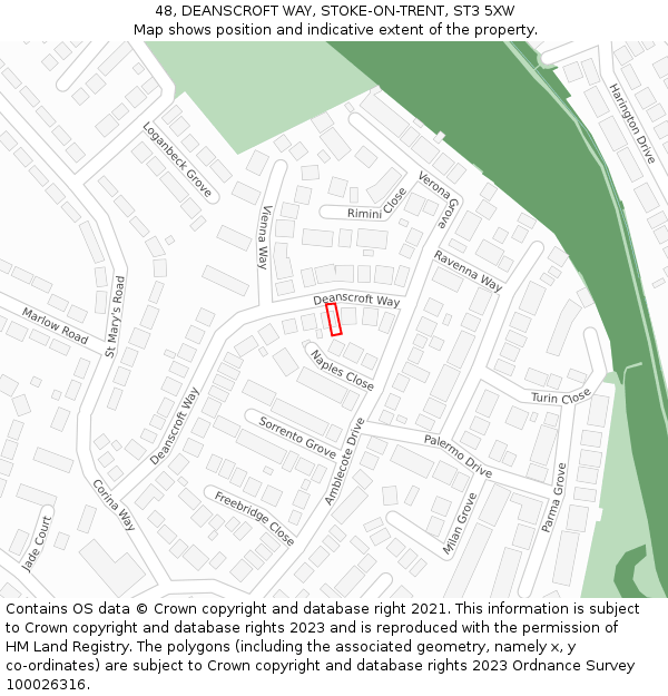 48, DEANSCROFT WAY, STOKE-ON-TRENT, ST3 5XW: Location map and indicative extent of plot