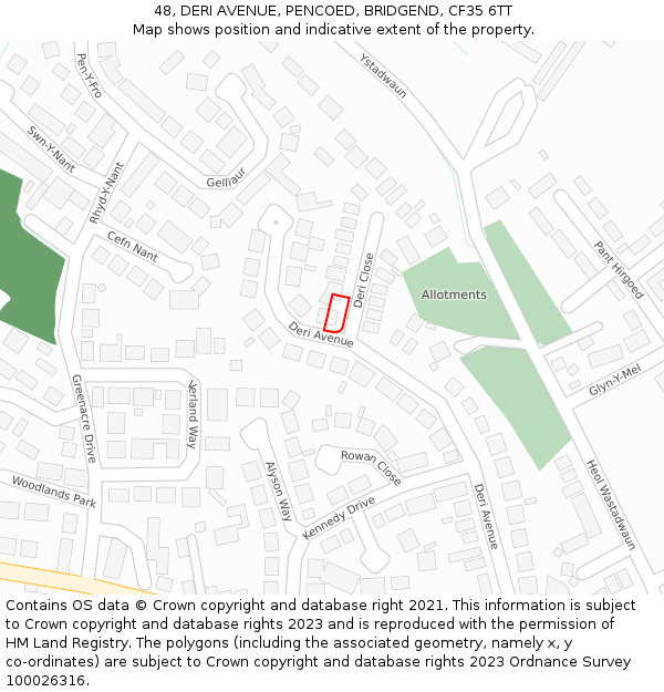 48, DERI AVENUE, PENCOED, BRIDGEND, CF35 6TT: Location map and indicative extent of plot
