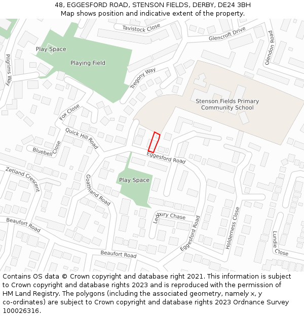 48, EGGESFORD ROAD, STENSON FIELDS, DERBY, DE24 3BH: Location map and indicative extent of plot