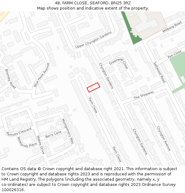 48, FARM CLOSE, SEAFORD, BN25 3RZ: Location map and indicative extent of plot