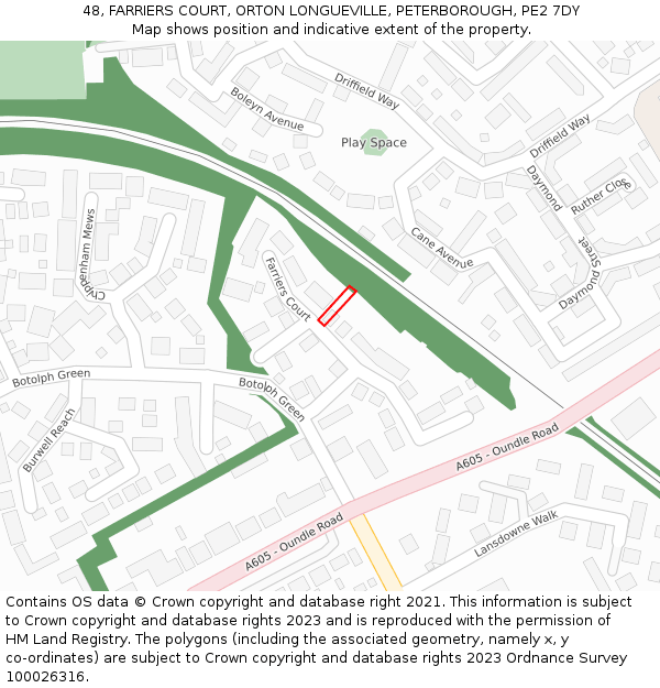 48, FARRIERS COURT, ORTON LONGUEVILLE, PETERBOROUGH, PE2 7DY: Location map and indicative extent of plot