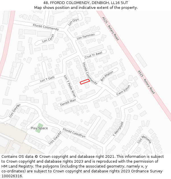 48, FFORDD COLOMENDY, DENBIGH, LL16 5UT: Location map and indicative extent of plot