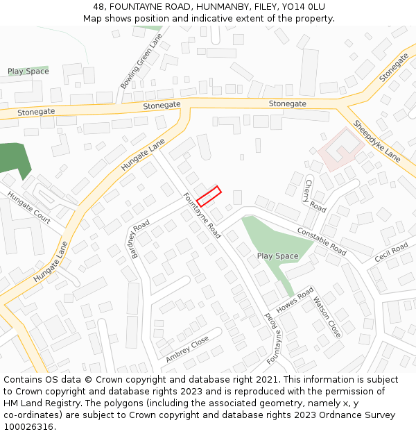 48, FOUNTAYNE ROAD, HUNMANBY, FILEY, YO14 0LU: Location map and indicative extent of plot