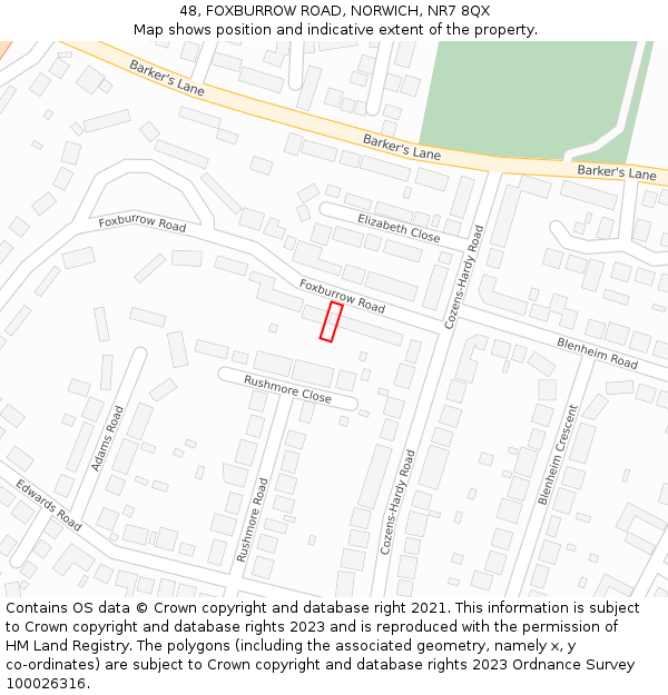 48, FOXBURROW ROAD, NORWICH, NR7 8QX: Location map and indicative extent of plot