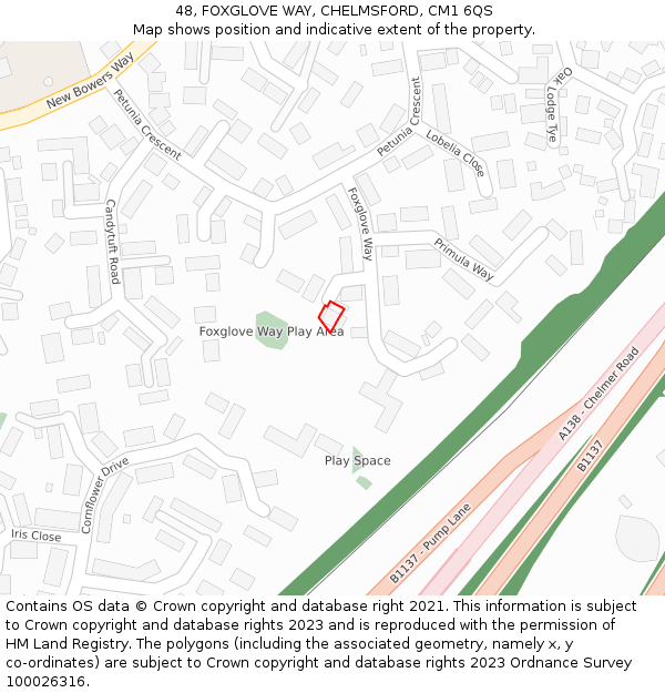 48, FOXGLOVE WAY, CHELMSFORD, CM1 6QS: Location map and indicative extent of plot