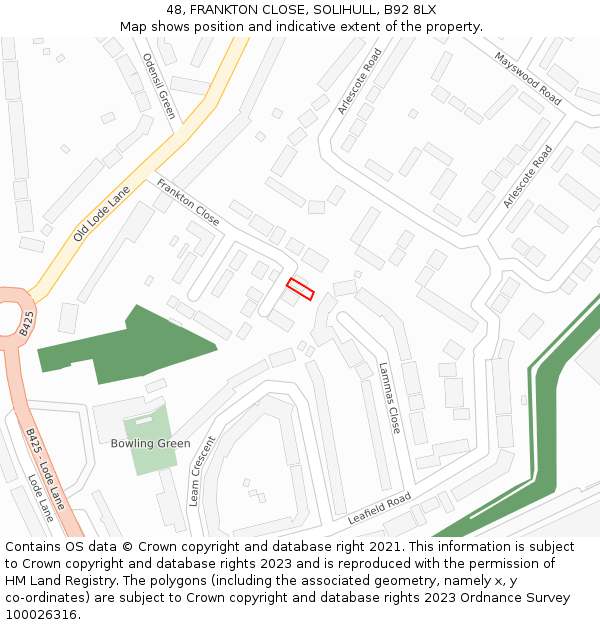 48, FRANKTON CLOSE, SOLIHULL, B92 8LX: Location map and indicative extent of plot