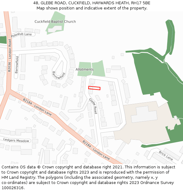 48, GLEBE ROAD, CUCKFIELD, HAYWARDS HEATH, RH17 5BE: Location map and indicative extent of plot