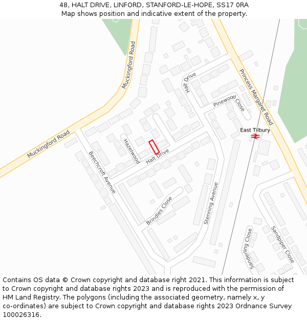 48, HALT DRIVE, LINFORD, STANFORD-LE-HOPE, SS17 0RA: Location map and indicative extent of plot