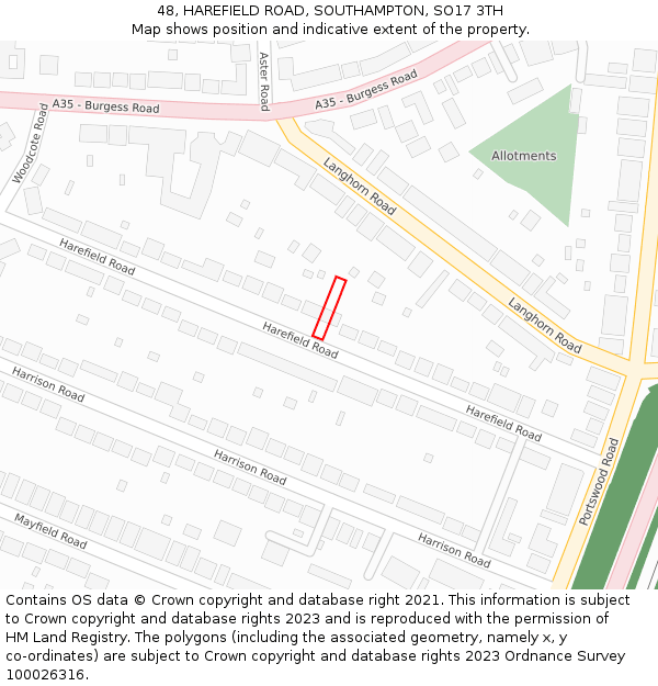48, HAREFIELD ROAD, SOUTHAMPTON, SO17 3TH: Location map and indicative extent of plot
