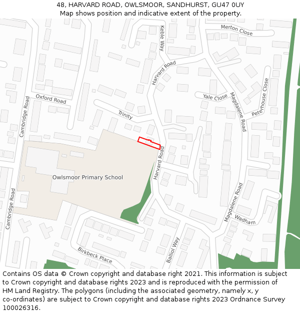 48, HARVARD ROAD, OWLSMOOR, SANDHURST, GU47 0UY: Location map and indicative extent of plot