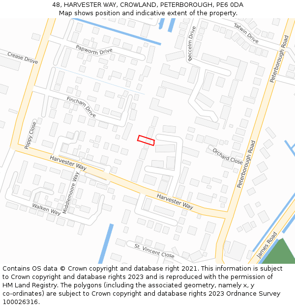 48, HARVESTER WAY, CROWLAND, PETERBOROUGH, PE6 0DA: Location map and indicative extent of plot