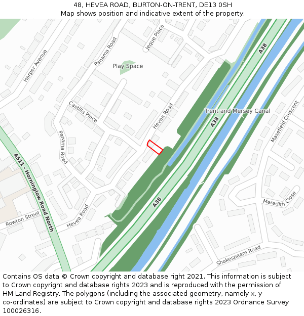 48, HEVEA ROAD, BURTON-ON-TRENT, DE13 0SH: Location map and indicative extent of plot