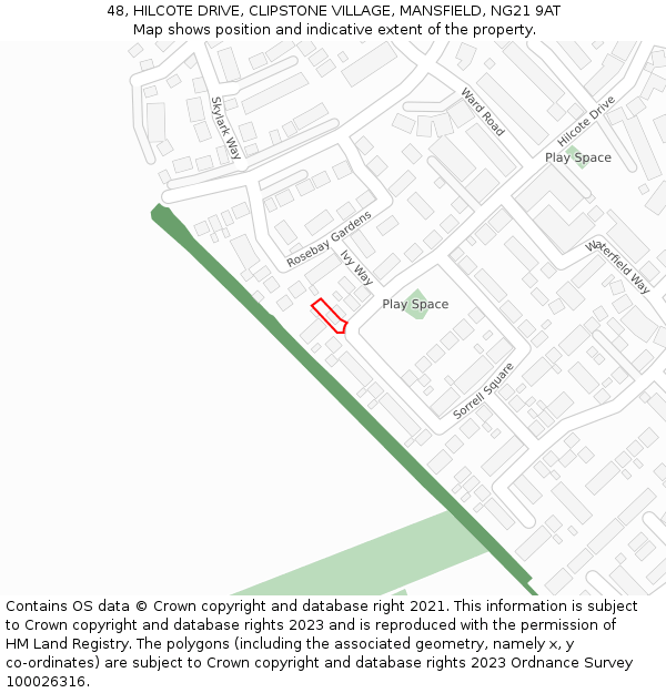 48, HILCOTE DRIVE, CLIPSTONE VILLAGE, MANSFIELD, NG21 9AT: Location map and indicative extent of plot