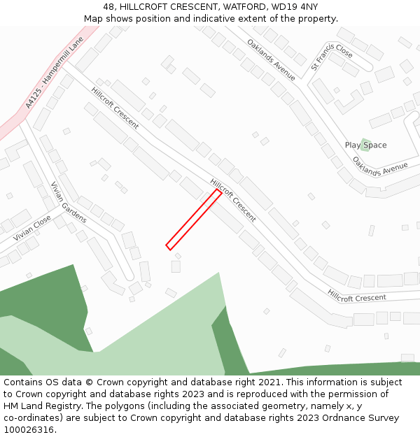 48, HILLCROFT CRESCENT, WATFORD, WD19 4NY: Location map and indicative extent of plot
