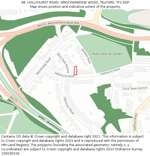 48, HOLLYHURST ROAD, WROCKWARDINE WOOD, TELFORD, TF2 6QP: Location map and indicative extent of plot