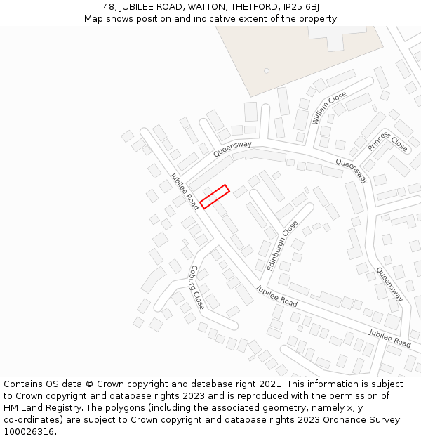 48, JUBILEE ROAD, WATTON, THETFORD, IP25 6BJ: Location map and indicative extent of plot