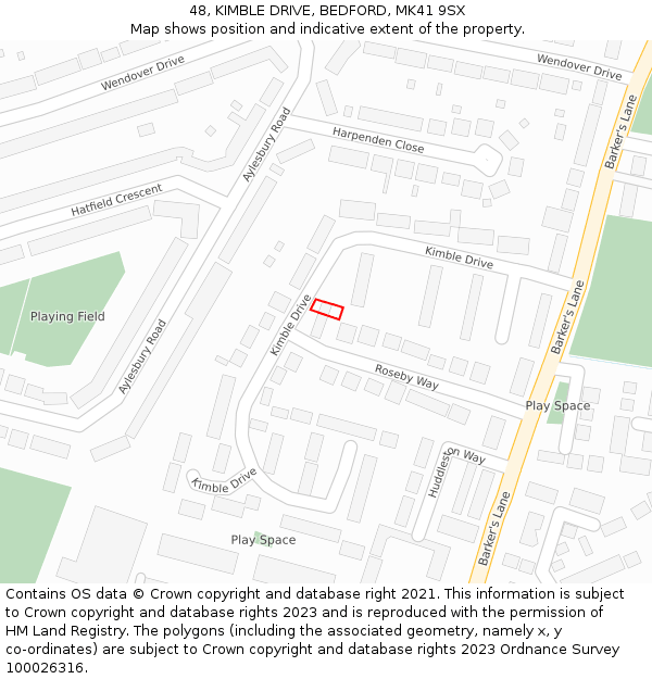 48, KIMBLE DRIVE, BEDFORD, MK41 9SX: Location map and indicative extent of plot