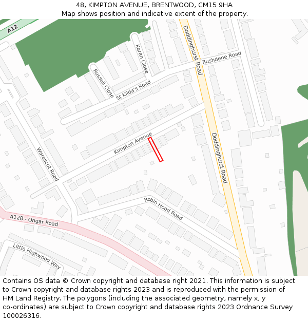 48, KIMPTON AVENUE, BRENTWOOD, CM15 9HA: Location map and indicative extent of plot