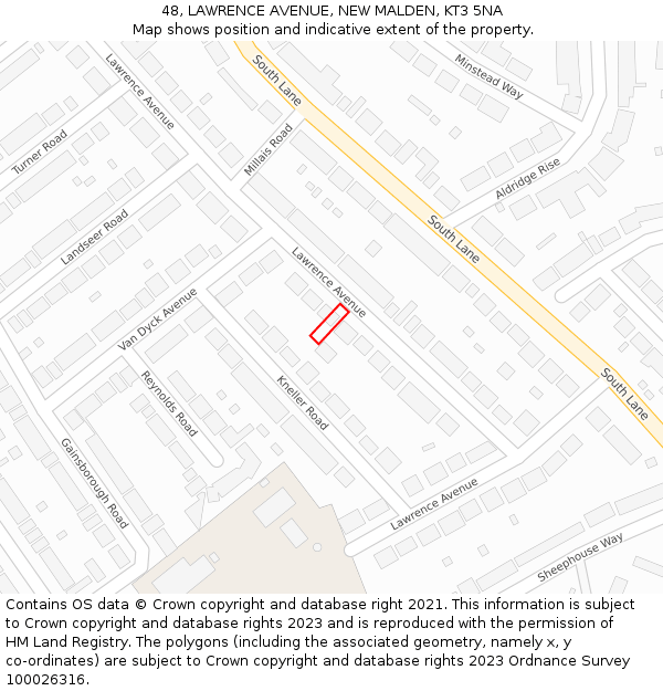 48, LAWRENCE AVENUE, NEW MALDEN, KT3 5NA: Location map and indicative extent of plot
