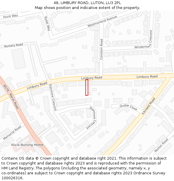 48, LIMBURY ROAD, LUTON, LU3 2PL: Location map and indicative extent of plot